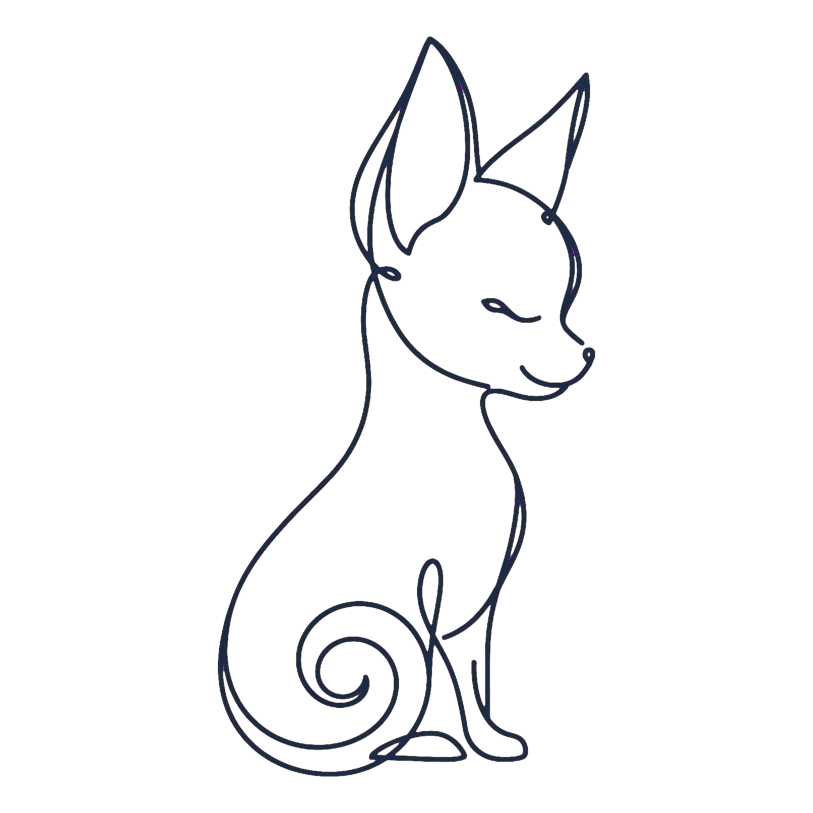 A single-stroke navy line drawing of Chanel sitting in profile with her eyes closed and her tail curled into a spiral, ears tall and pointed; minimal continuous-line style on a plain ground