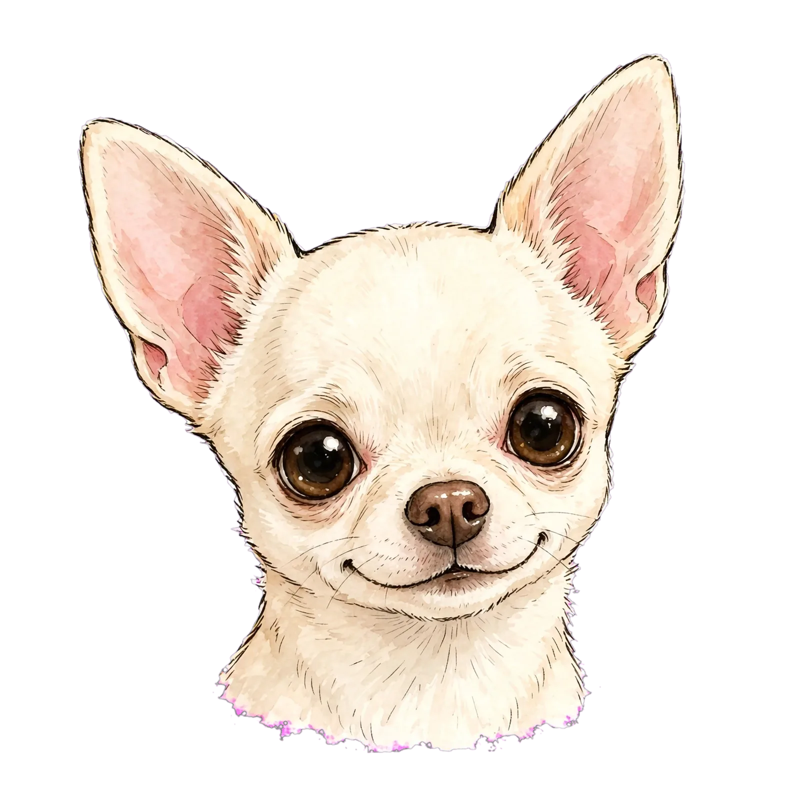 A close head-and-shoulders portrait of Chanel, pale cream-white with an ivory face, two very large upright ears washed pink inside, big dark round eyes and a brown nose, mouth curved into a small smile; ink line and watercolour on an open background