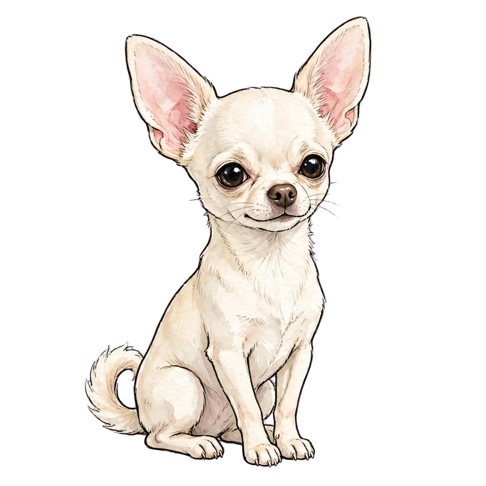 Chanel drawn sitting upright and square to the viewer, pale cream-white coat, oversized upright ears lined in soft pink, large dark eyes and a small brown nose, her tail curled beside her; loose ink linework with watercolour washes on an open background