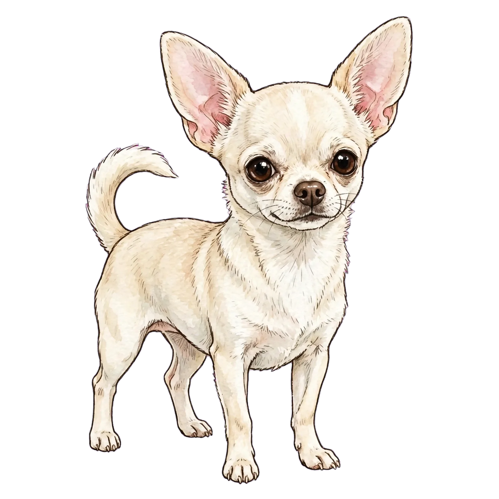 Chanel drawn standing in a three-quarter view, weight even on four slender legs, tail curled up over her back; cream and pale beige coat, huge upright ears, large dark eyes, drawn in ink line with warm watercolour shading