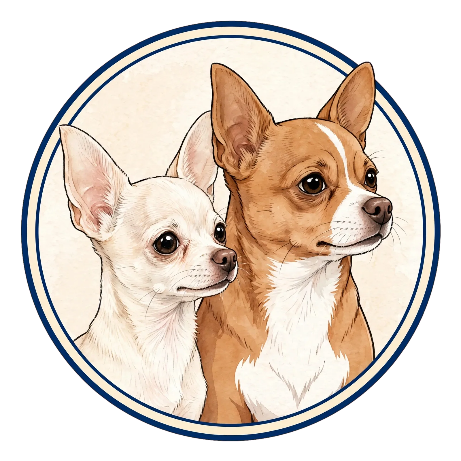 A circular navy-ringed badge holding painted head-and-shoulders portraits of Chanel and Bruno on a cream ground, Chanel pale cream-white on the left with huge upright ears, Bruno tan with a white blaze and white chest on the right, both looking off to the same side