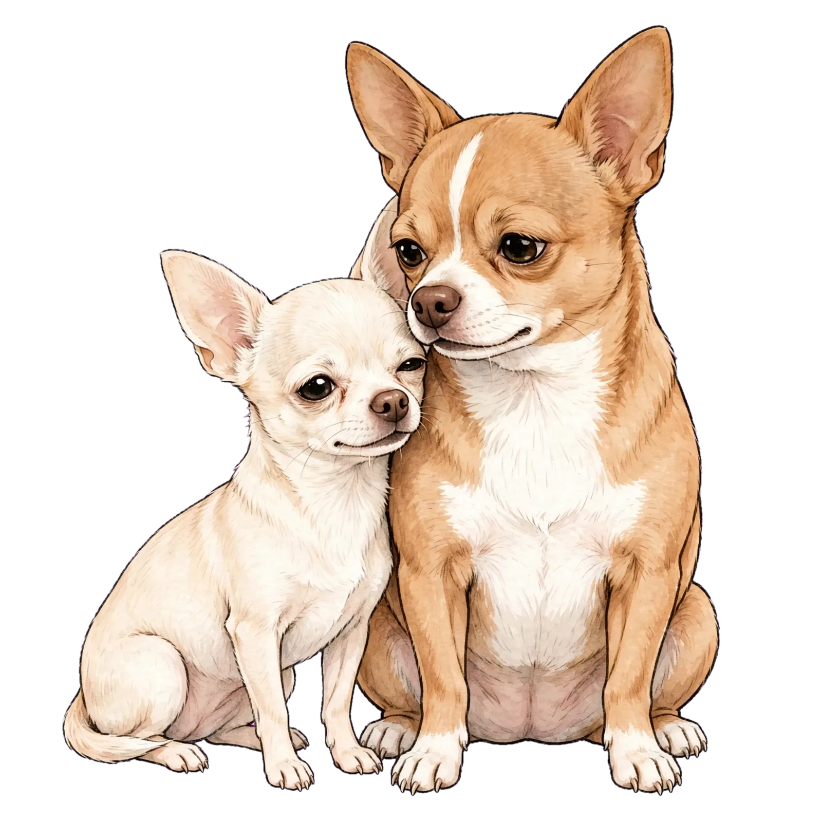 Chanel and Bruno drawn sitting close together, Chanel small and pale cream-white on the left leaning her head into Bruno's cheek while he rests his muzzle against her; Bruno is warm tan with a white blaze, white chest and white paws, both with tall upright ears, rendered in ink line and watercolour