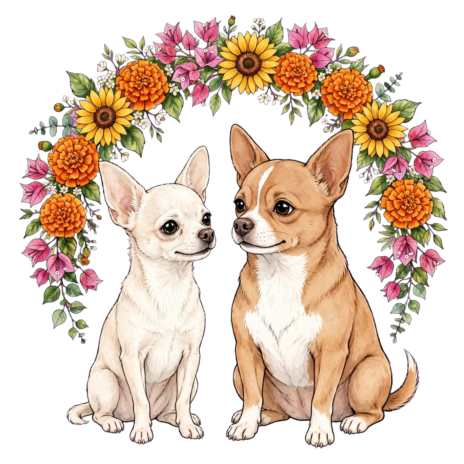 Chanel and Bruno drawn sitting together beneath an arch of orange marigolds, yellow sunflowers, pink bougainvillea and eucalyptus; Chanel pale cream-white on the left with tall upright ears, Bruno warm tan on the right with his white blaze and white chest, the two turned slightly toward one another