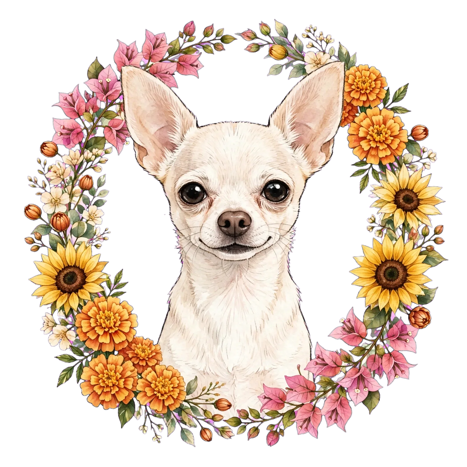 Chanel drawn head-on inside an open wreath of orange marigolds, yellow sunflowers and pink bougainvillea with green leaves and small cream buds; she is pale cream-white with enormous upright ears and large dark eyes, smiling gently, in soft watercolour on an open ground