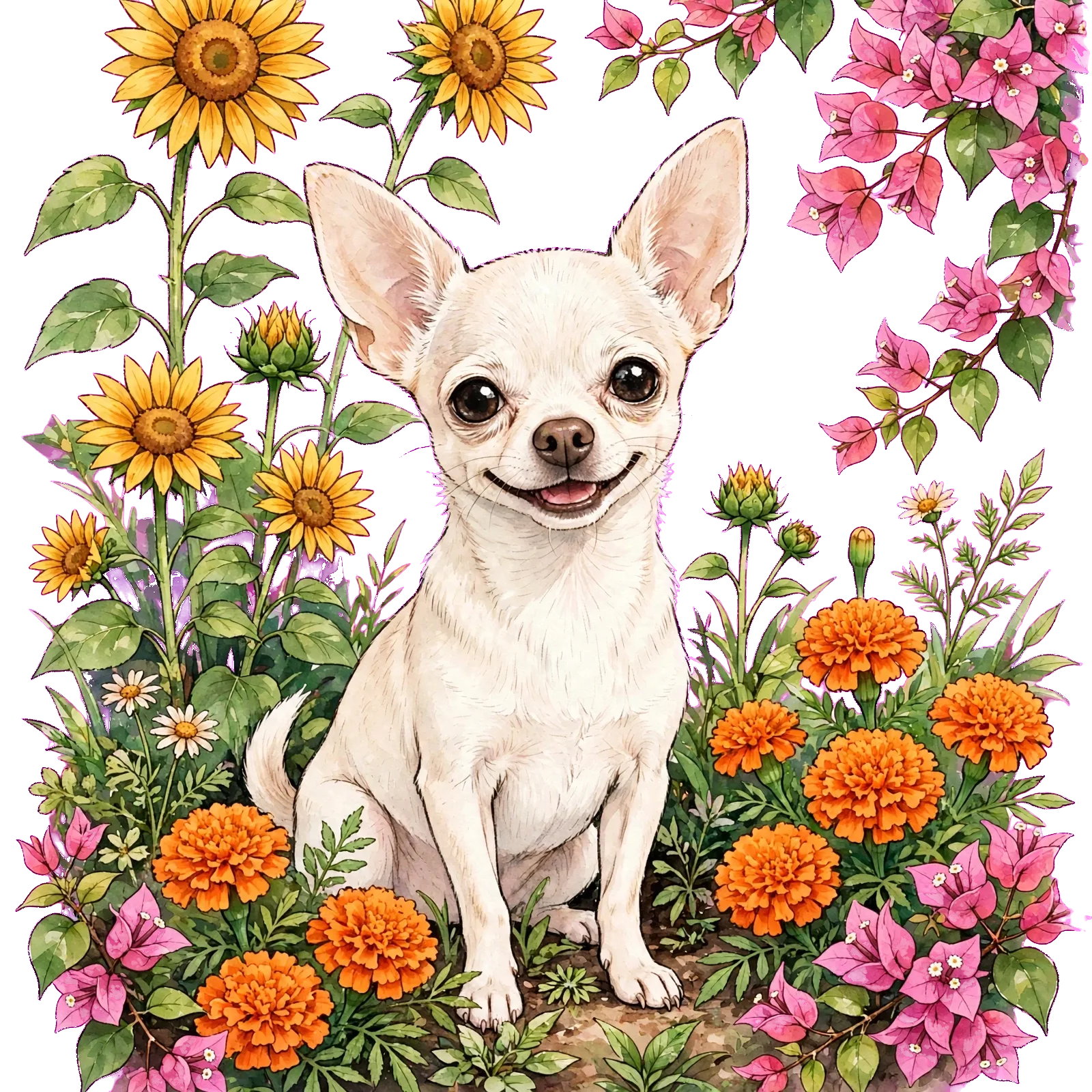 Chanel drawn sitting in a Salvadoran flower bed, mouth open in a wide happy smile, surrounded by tall sunflowers, orange marigolds, white daisies and cascading pink bougainvillea; pale cream-white coat, huge upright ears, large dark eyes, painted in warm watercolour