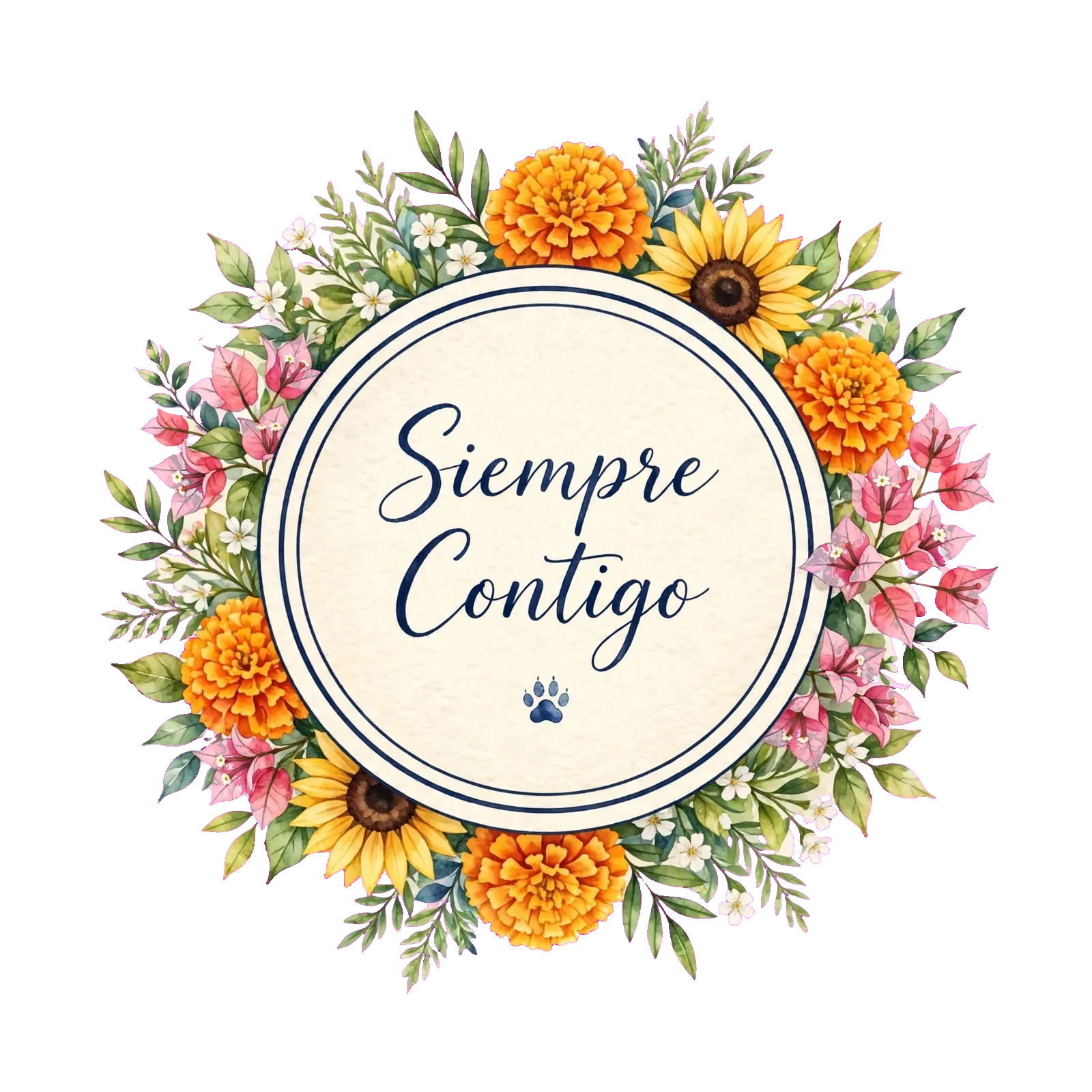 A remembrance medallion: a cream circle ruled with thin navy rings carrying the hand-lettered words "Siempre Contigo" above a small navy paw print, set inside a watercolour ring of orange marigolds, yellow sunflowers, pink bougainvillea and green foliage. No dog is drawn in this piece; it belongs to Chanel's remembrance set