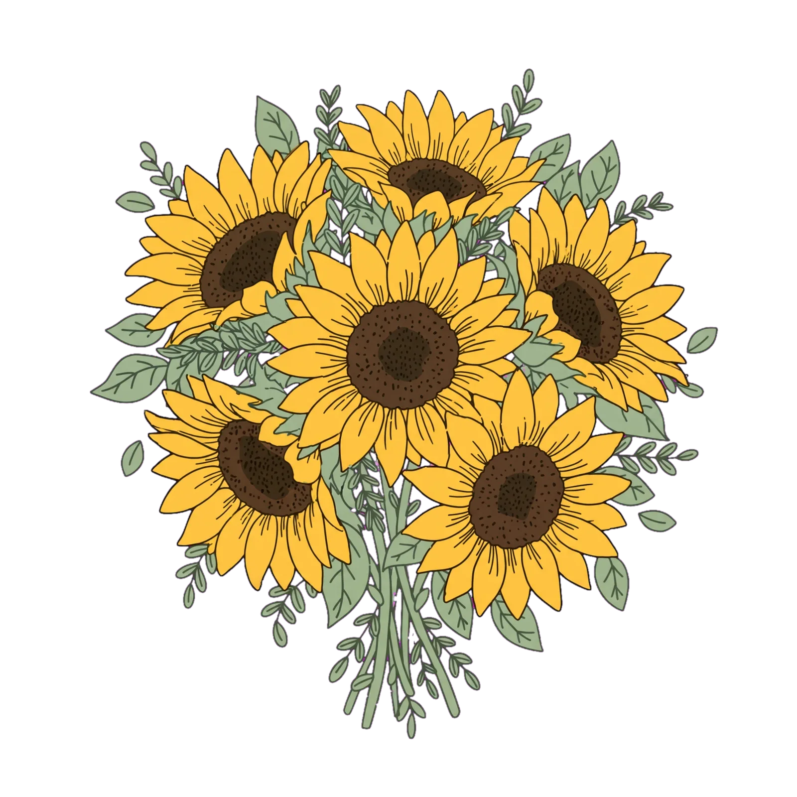 A gathered bouquet of six yellow sunflowers with dark brown centres, bound with sage-green leaves and stems, drawn in flat colour with clean dark outlines. No dog is drawn in this piece; it is the sunflower memory motif from Chanel's remembrance set