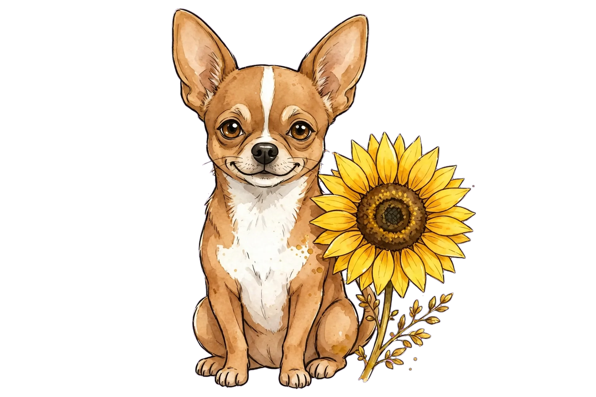 Bruno drawn sitting beside a single tall yellow sunflower, warm tan coat with a white blaze up his muzzle and forehead, white chest and white paws, tall upright ears and brown eyes, looking calmly at the viewer in watercolour and ink line