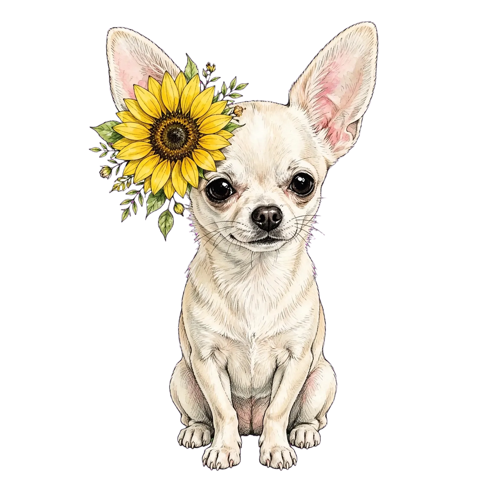 Chanel drawn sitting front-on with a single yellow sunflower and sprigs of green leaves tucked behind her left ear; pale cream-white coat, enormous upright ears washed pink inside, large dark eyes and a soft closed-mouth smile, in ink line and watercolour