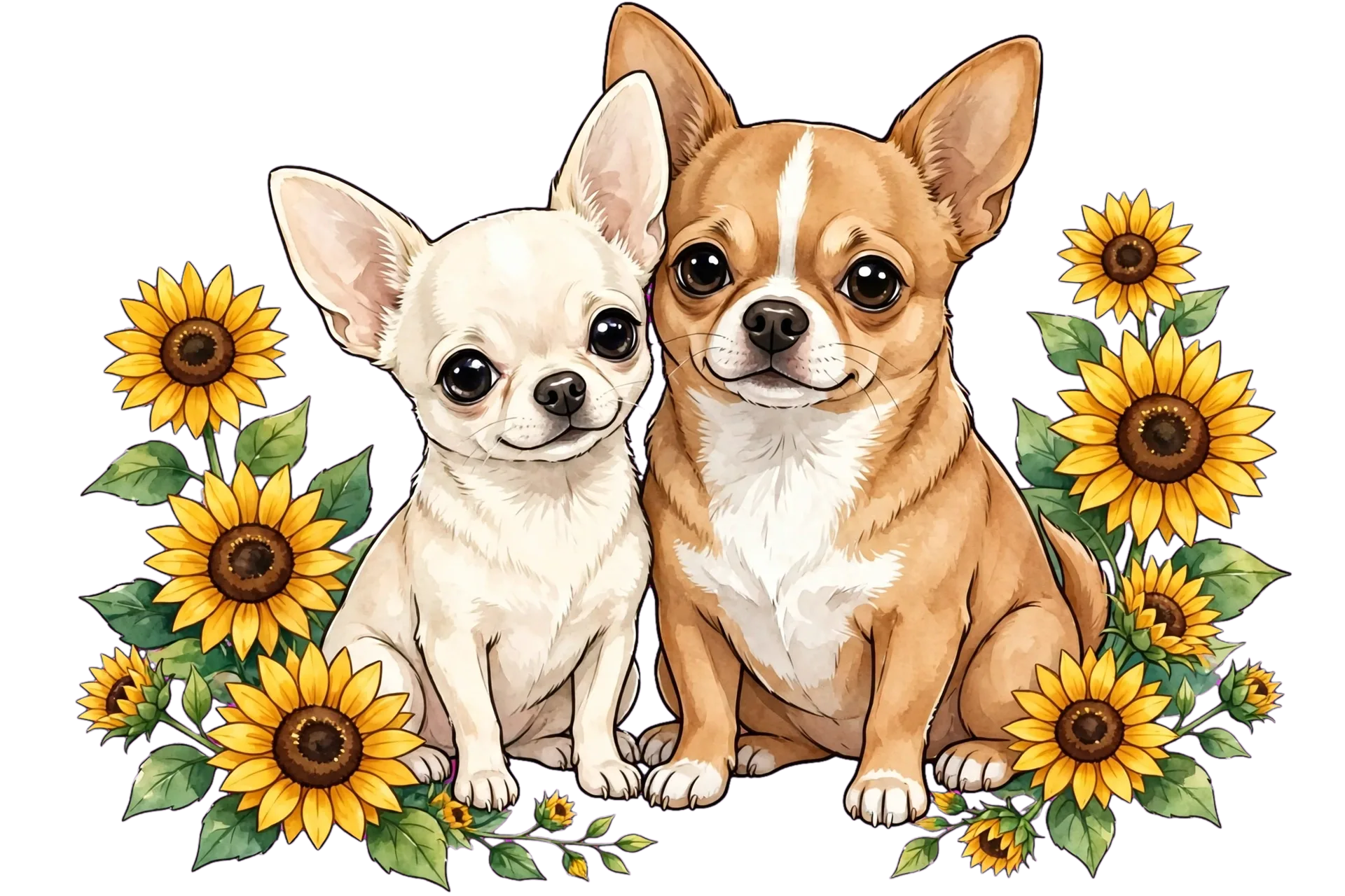Chanel and Bruno drawn sitting shoulder to shoulder in a bed of yellow sunflowers, Chanel small and pale cream-white on the left, Bruno tan with a white blaze and white chest on the right, both with tall upright ears and dark eyes, painted in warm watercolour