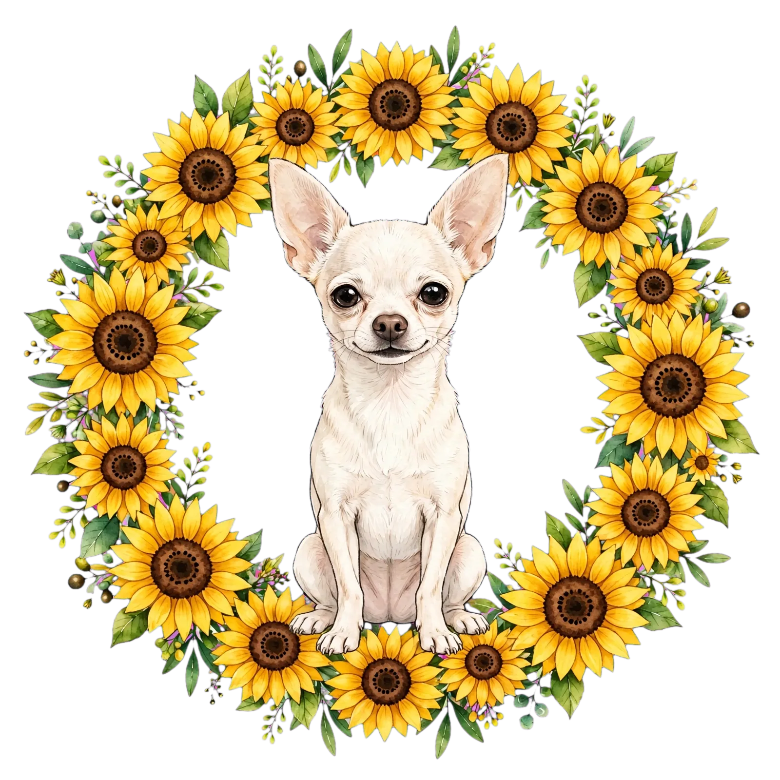 Chanel drawn sitting at the centre of a full ring of yellow sunflowers and green leaves, pale cream-white with huge upright ears, large dark eyes and a small smile; watercolour and ink line on an open ground