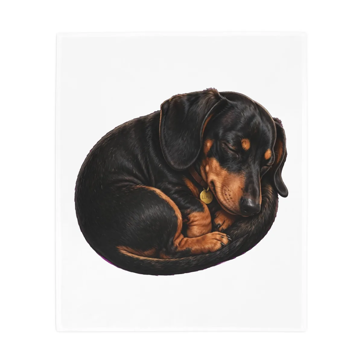 Luna curled up asleep — the design printed on this fleece blanket