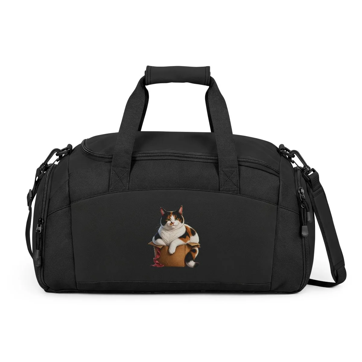 Bonnie sitting proudly in a cardboard box that is too small for her — the illustration printed on a gym bag