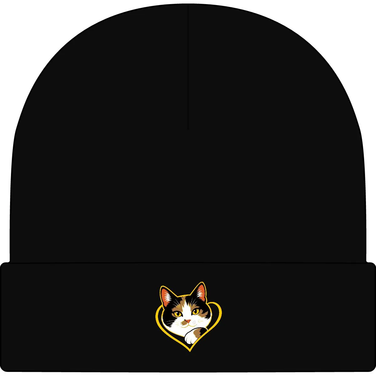 Bonnie's soft calico paw emblem on the cuff of a knitted beanie