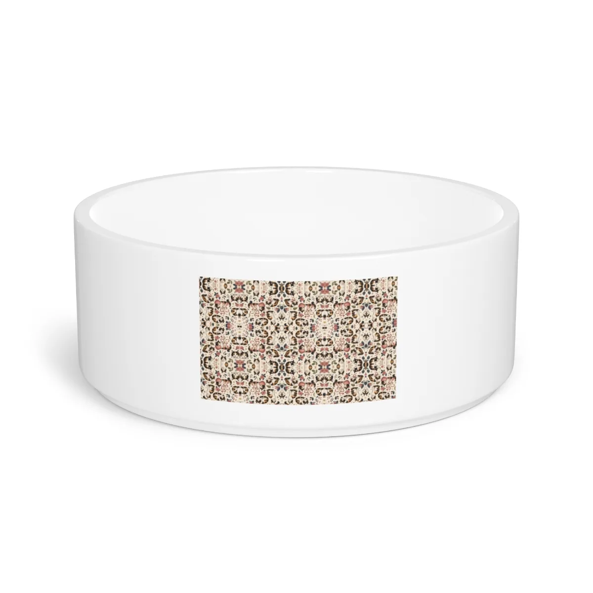 A repeating pattern of sweet and playful Bonnie poses with flowers, ribbons and paw marks printed on a ceramic pet bowl