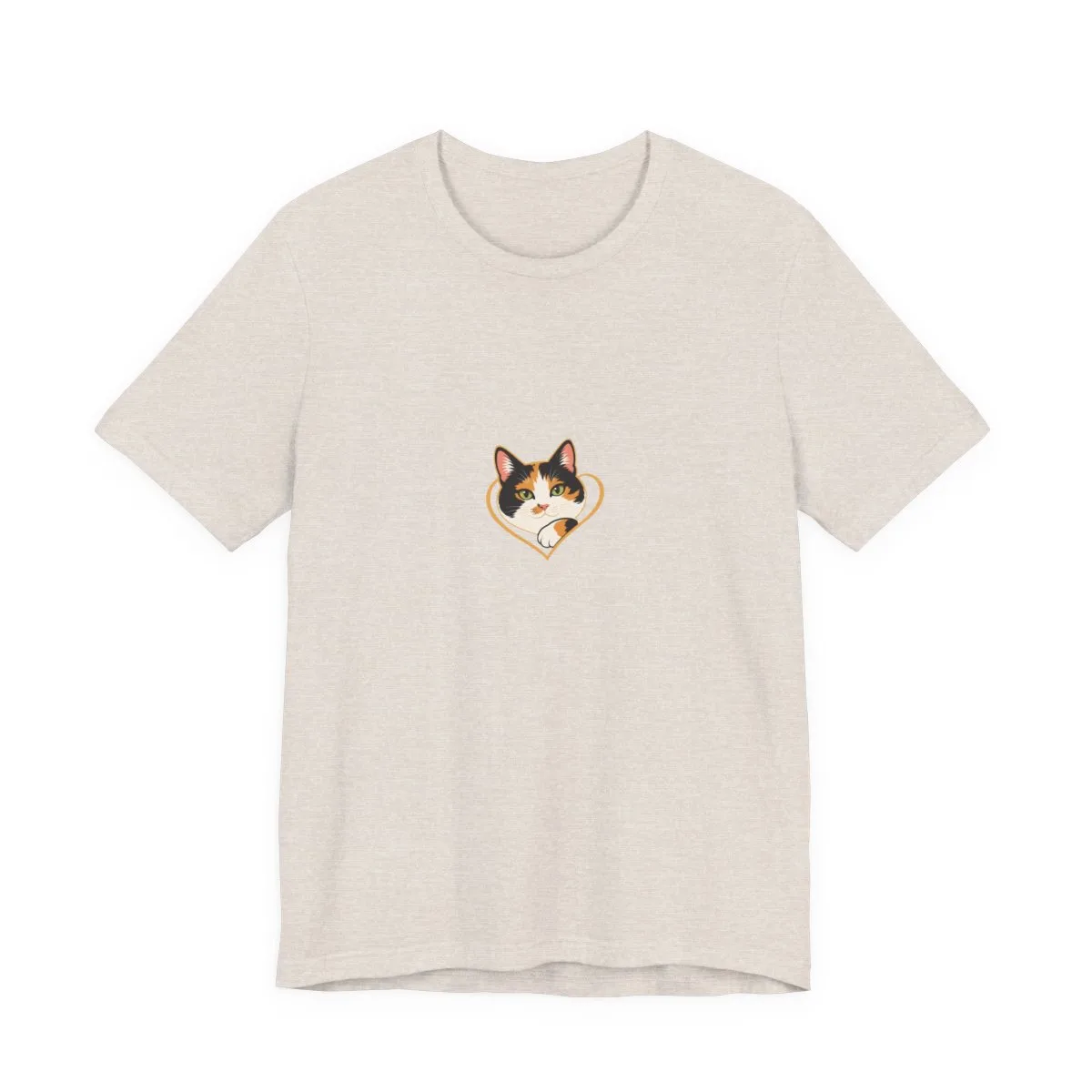 Bonnie's soft calico paw emblem printed as a small chest mark on this tee — shown in Heather Dust
