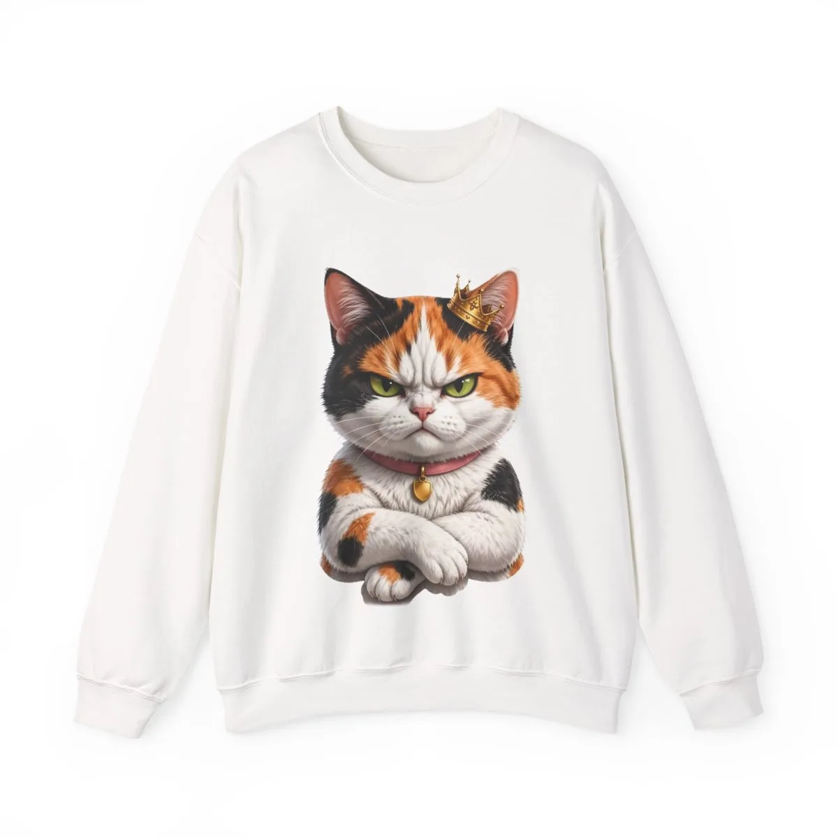 Bonnie the calico cat at full expressive volume — the illustration printed on this crewneck sweatshirt