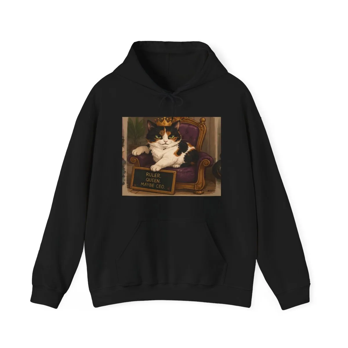 Bonnie stretched across the armchair she has claimed — the illustration printed on this hoodie — shown in Black