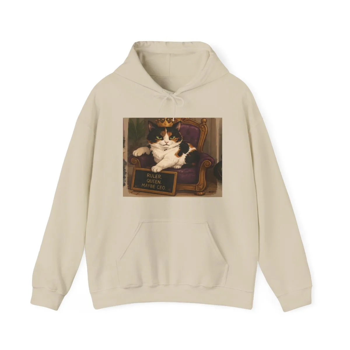 The hoodie in Sand, with the SalchiLuna design printed on it