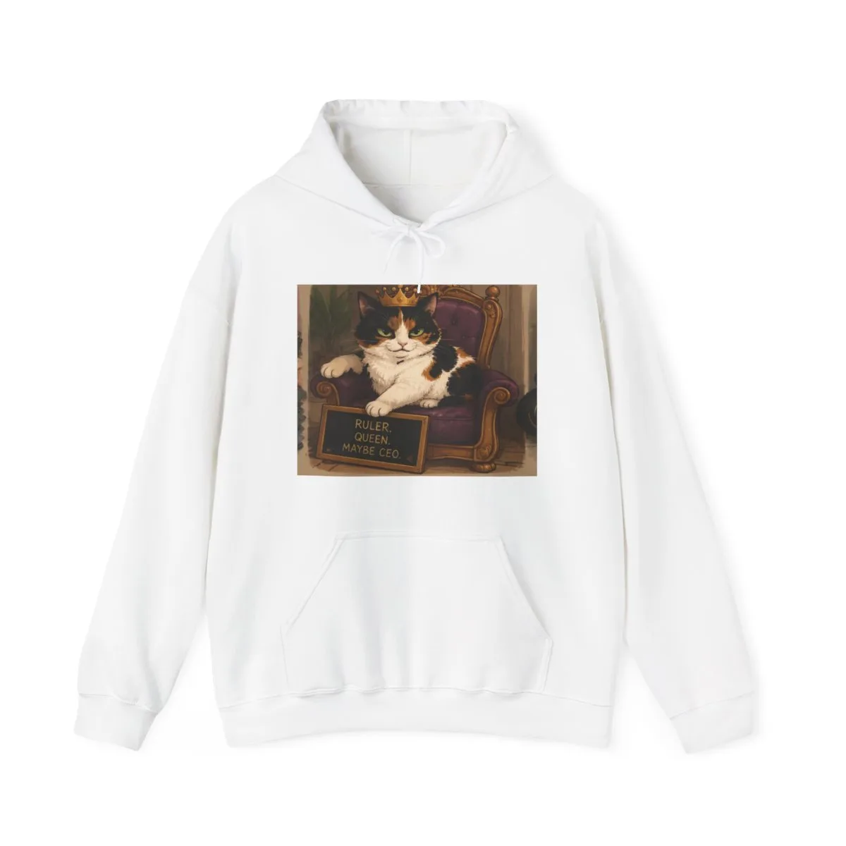 Bonnie stretched across the armchair she has claimed — the illustration printed on this hoodie
