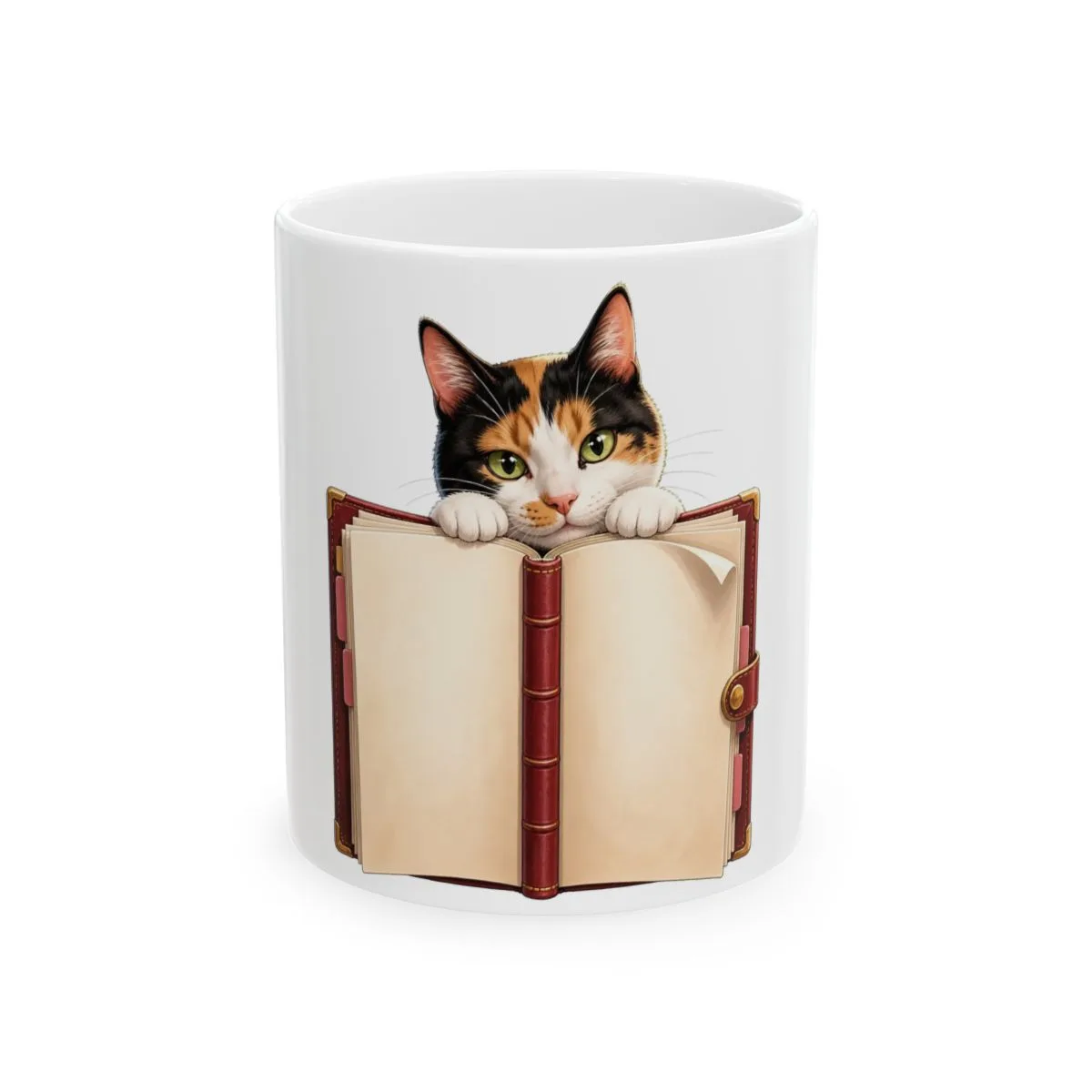 Bonnie peering curiously over an open book — the illustration printed on this mug