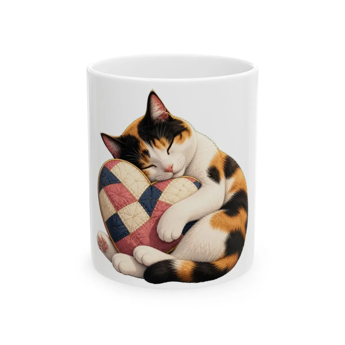 Bonnie curled affectionately around a quilted heart — the illustration printed on this mug