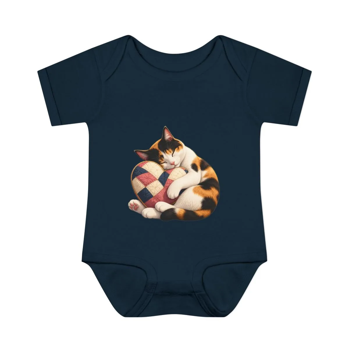 Bonnie curled affectionately around a quilted heart on a baby bodysuit — shown in Navy