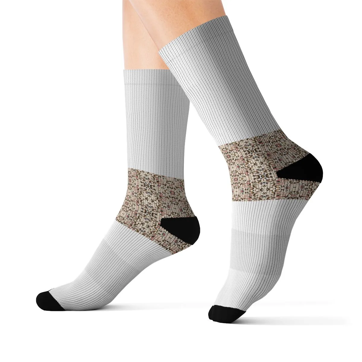 A repeating pattern of sweet and playful Bonnie poses with flowers, ribbons and paw marks printed on socks