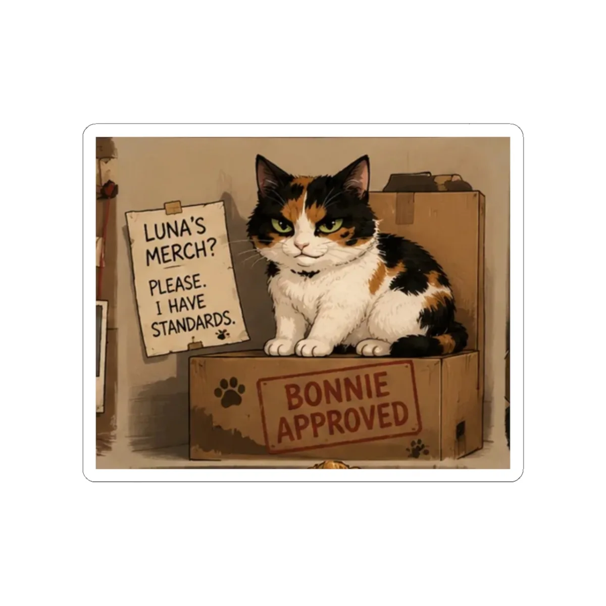 Bonnie sitting in a cardboard box stamped BONNIE APPROVED — one of the drawings on this sticker sheet