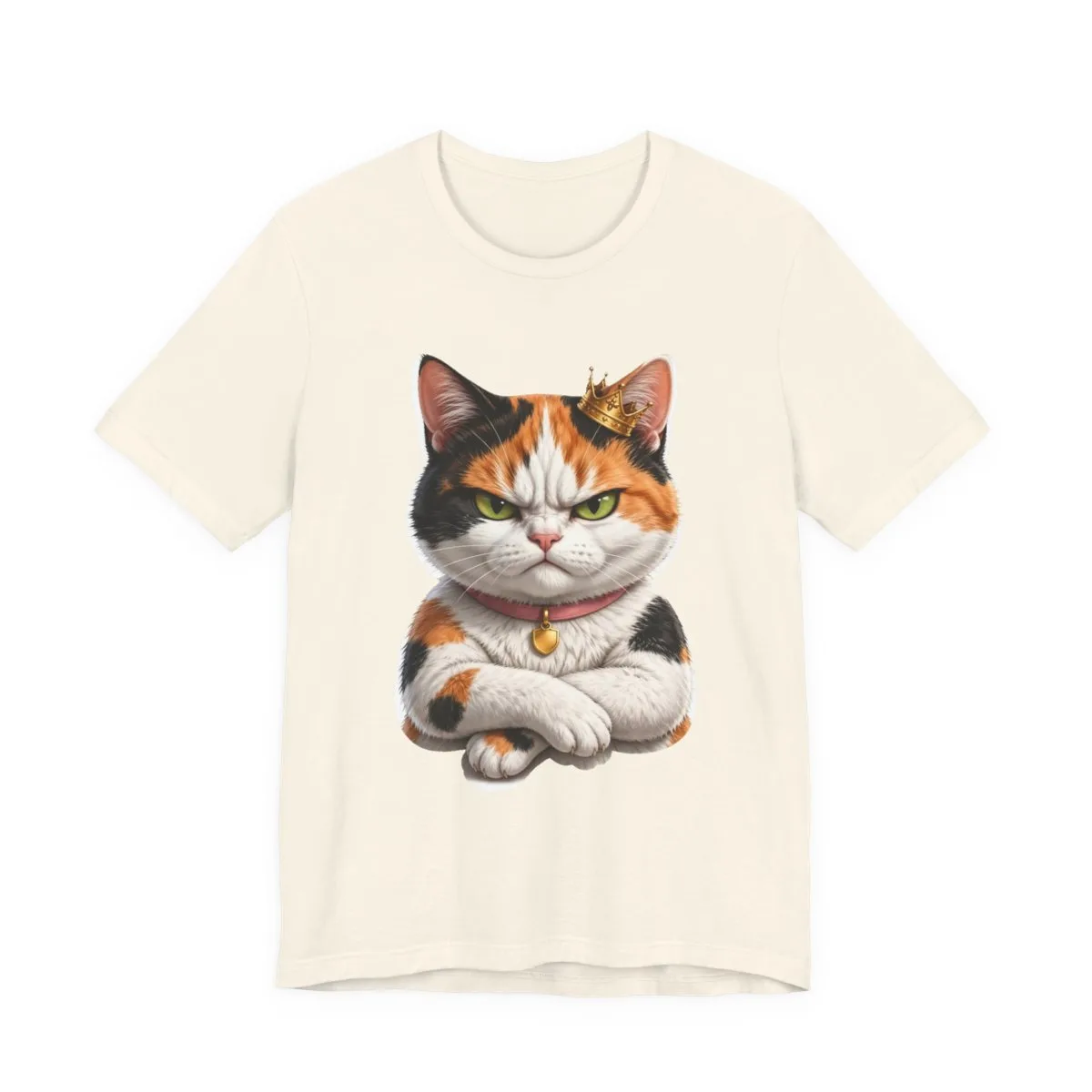 Bonnie the calico cat, thoroughly furious — the illustration printed on this tee