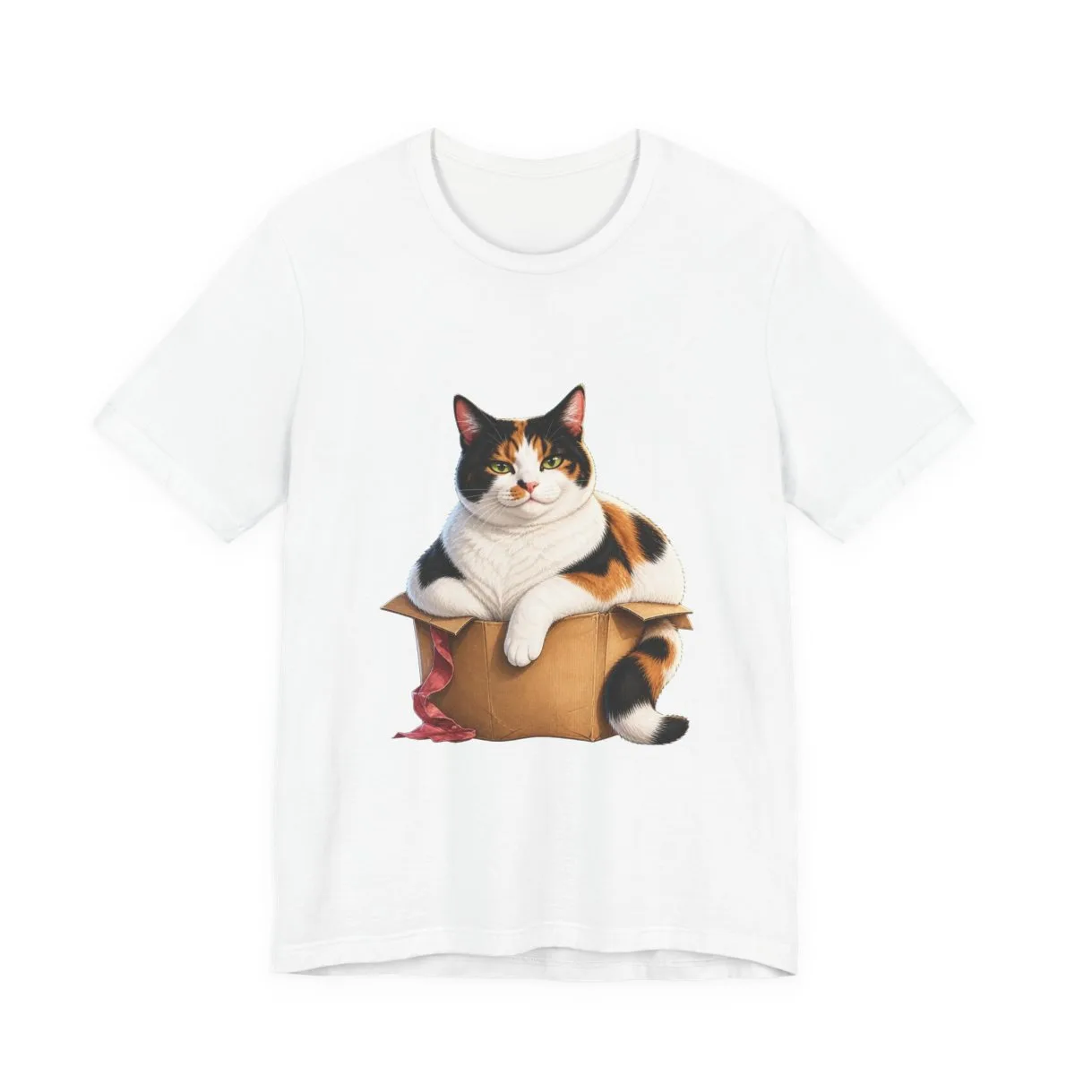 Bonnie sitting proudly in a cardboard box that is too small for her — the illustration printed on this tee