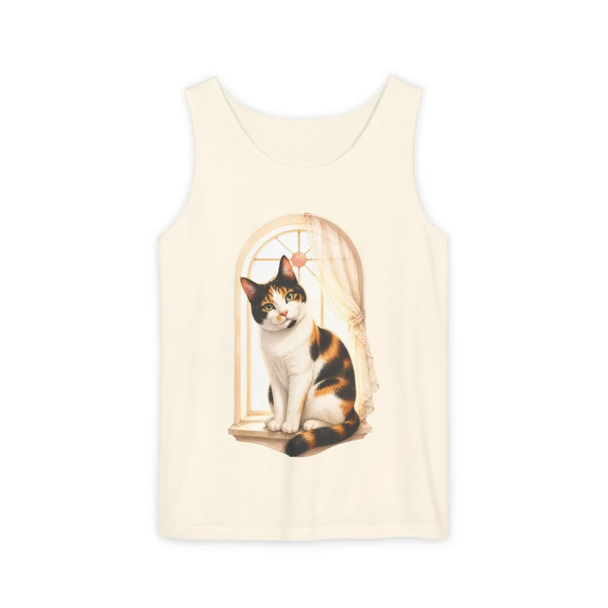 Bonnie sitting sweetly in warm window light among flowers — the illustration printed on this tank