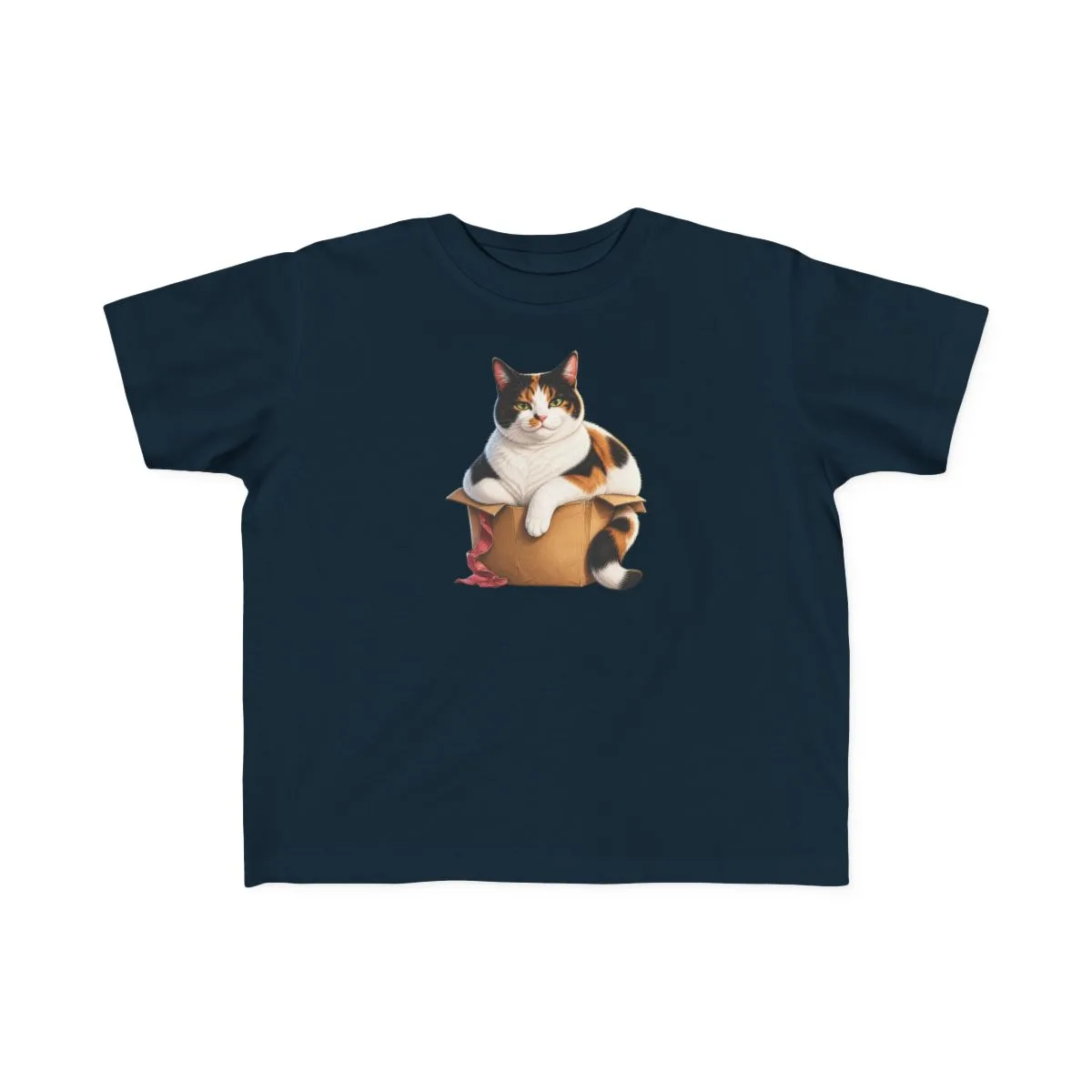 Bonnie sitting proudly in a cardboard box that is too small for her, printed on a toddler tee — shown in Navy