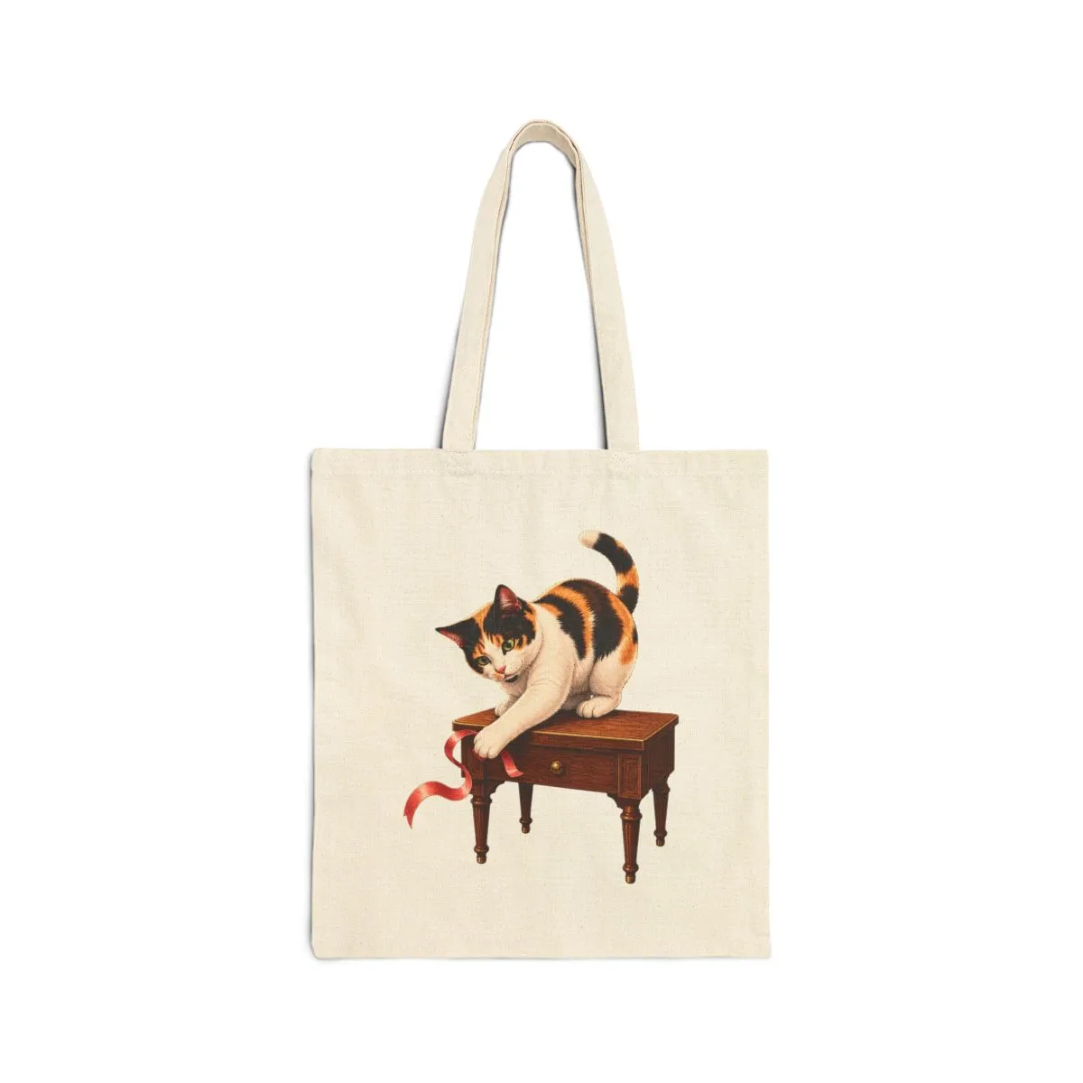 Bonnie playing mischievously with a curling ribbon — the illustration printed on this tote