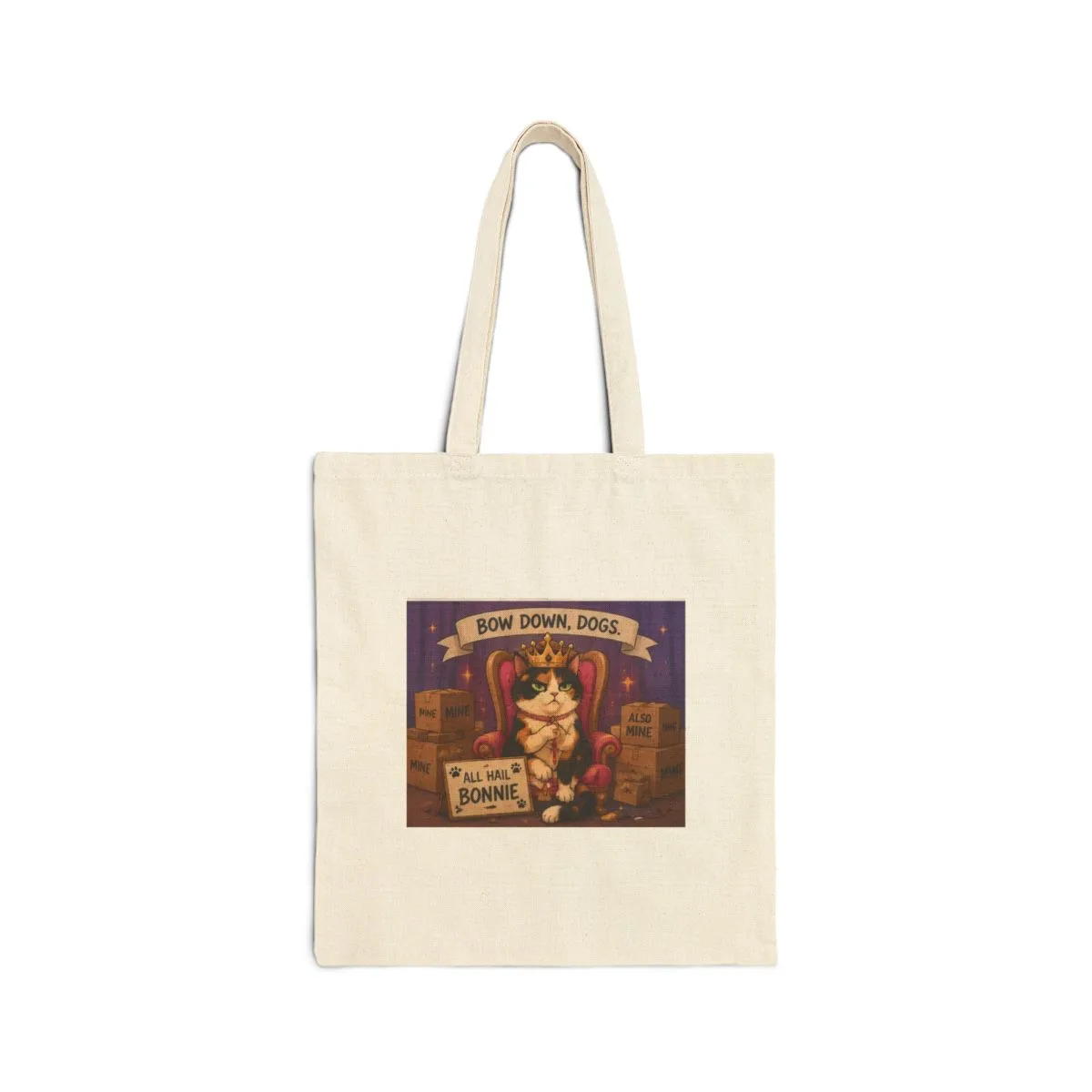 Bonnie on a small throne surrounded by cardboard boxes labelled MINE — the illustration printed on this tote