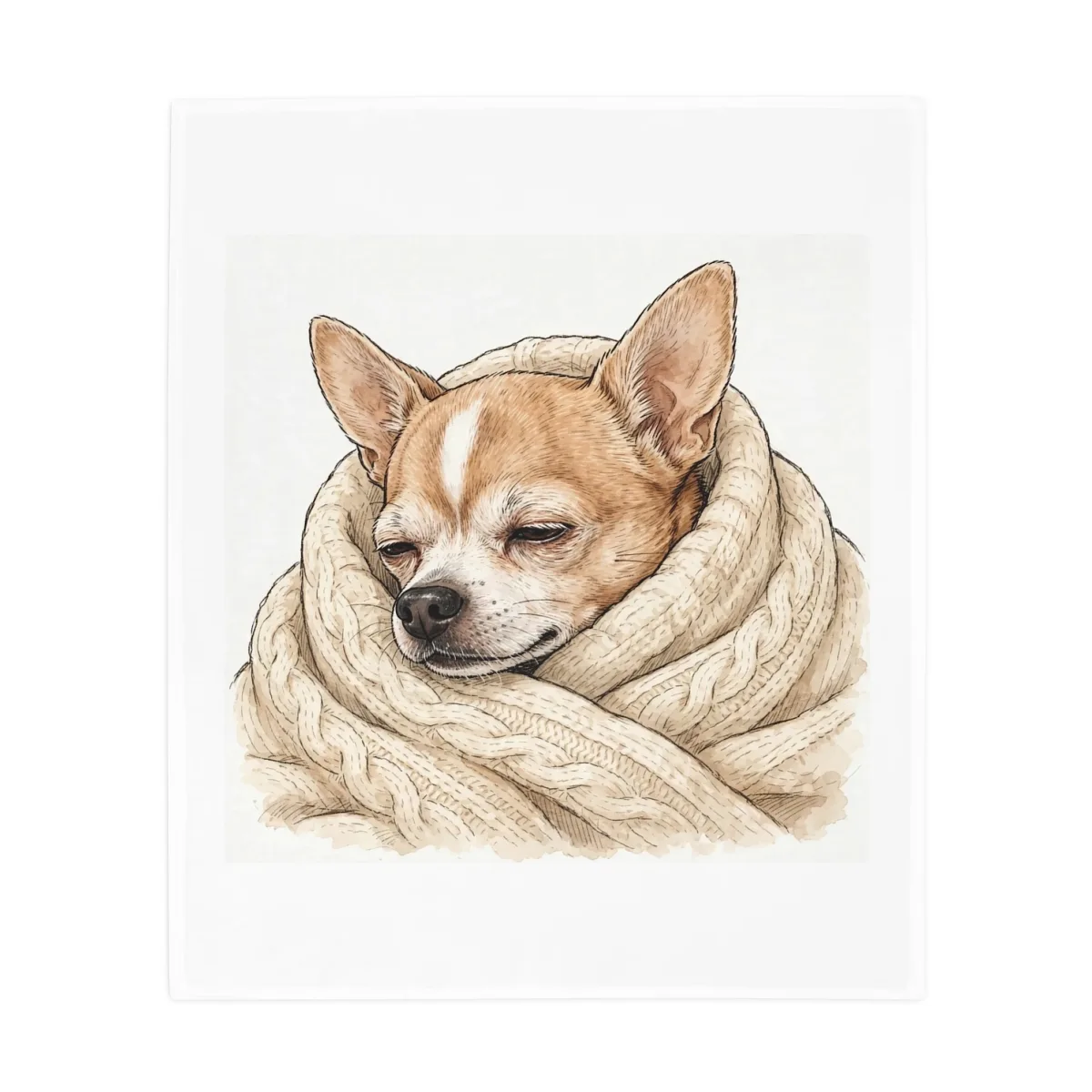 Bruno asleep wrapped in a cream cable-knit blanket, printed on a plush fleece blanket
