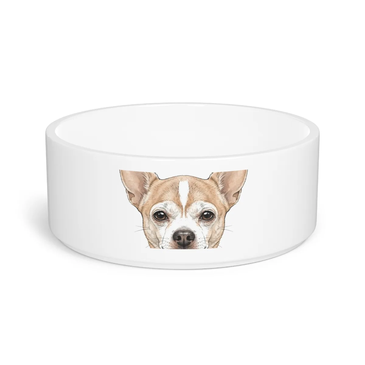 A pet bowl printed with Bruno's head mark