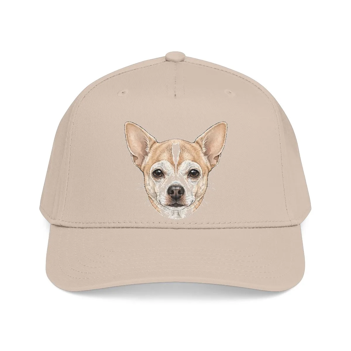 The mid profile baseball cap in Khaki, with the SalchiLuna design printed on it