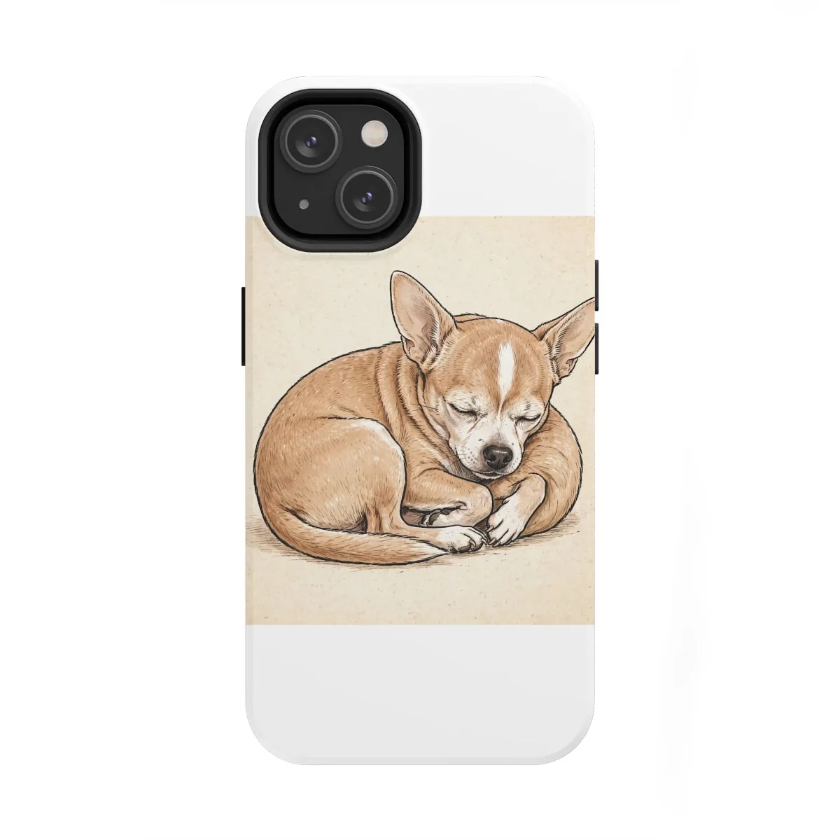 A phone case printed with Bruno curled up asleep