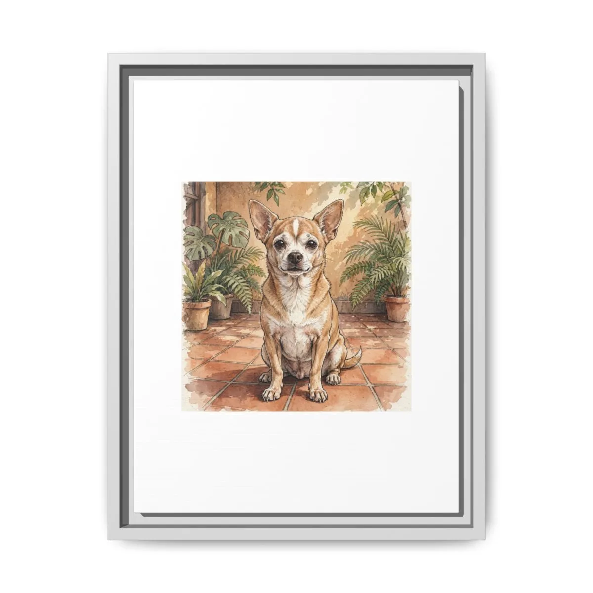 A framed canvas of Bruno sitting on a tiled patio among potted ferns