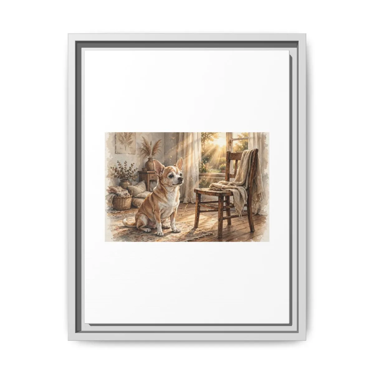 A framed canvas of Bruno sitting in a sunlit room beside a wooden chair