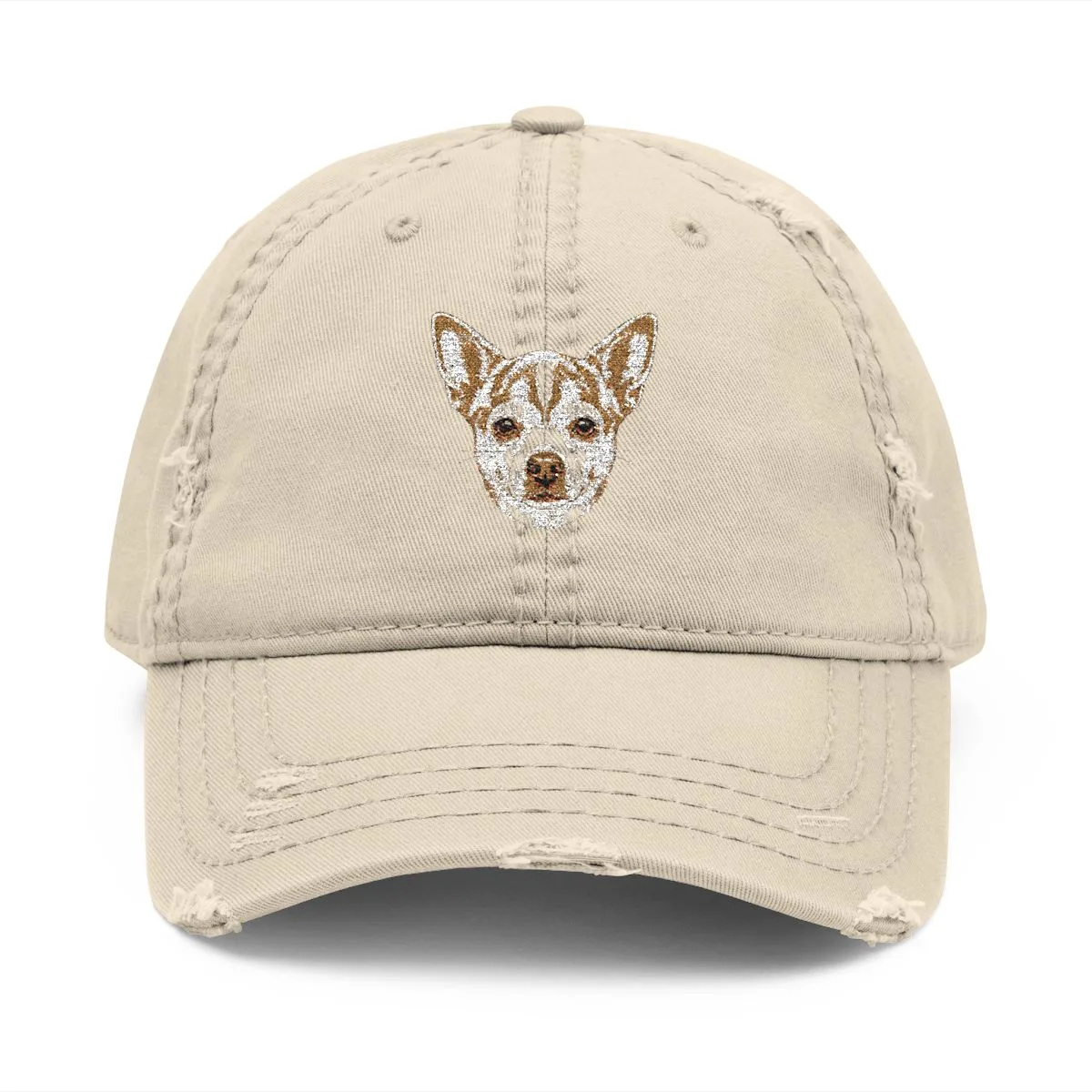 The cap in Khaki, with the SalchiLuna design printed on it