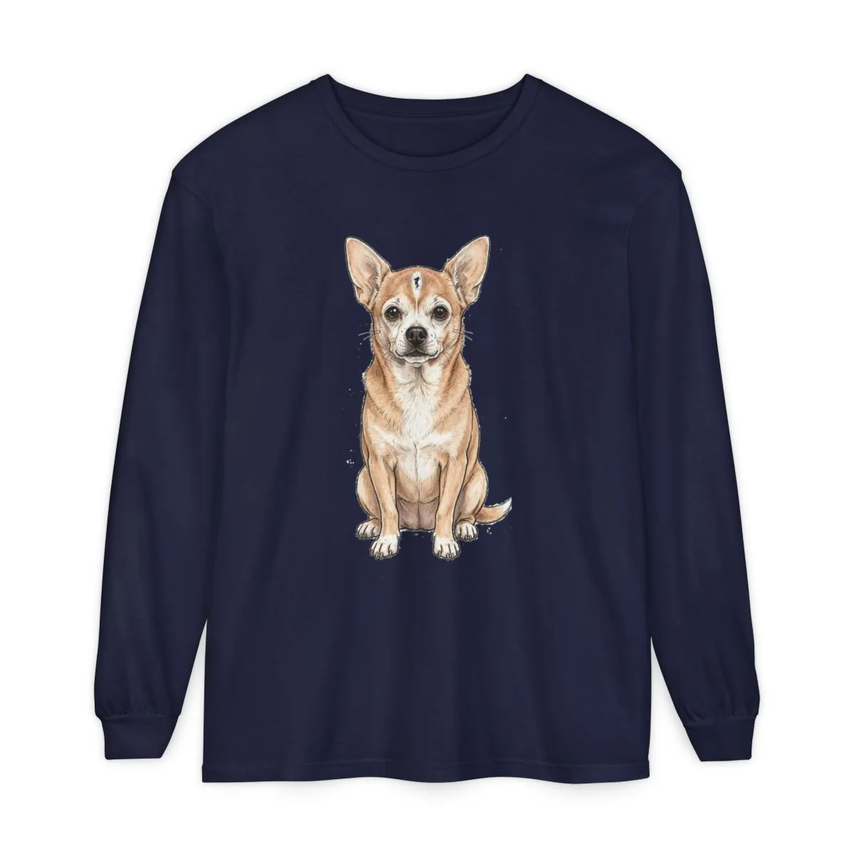 The garment-dyed long-sleeve t-shirt in True Navy, with the SalchiLuna design printed on it