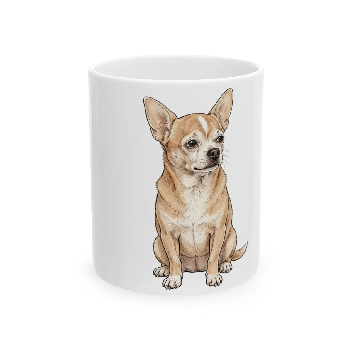 A mug wrapped with Bruno sitting square and looking unimpressed