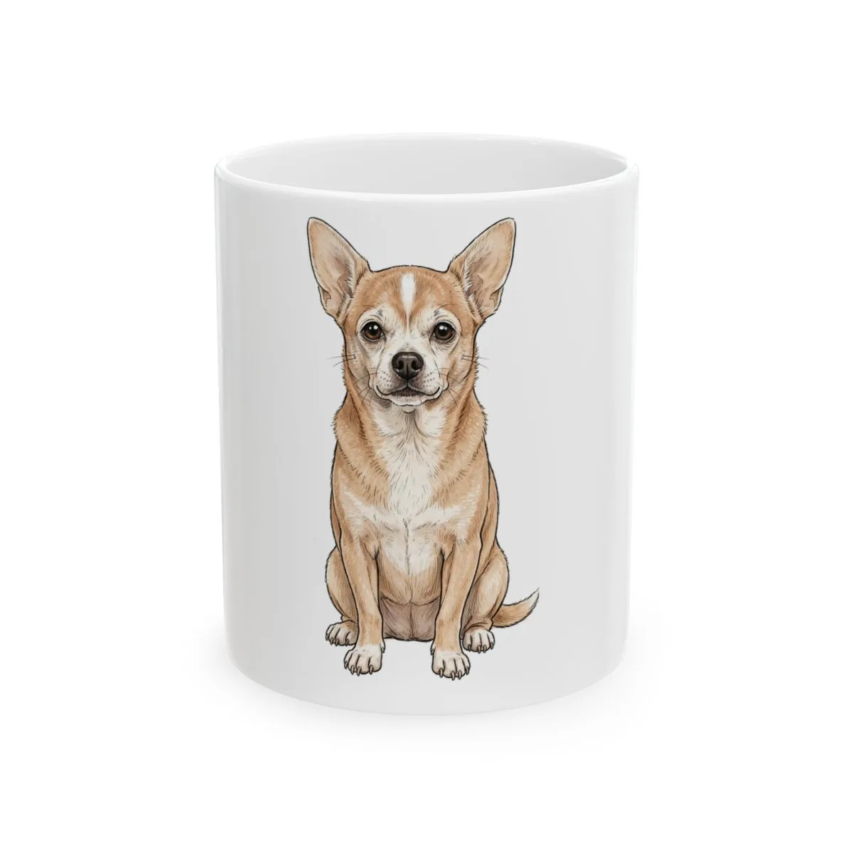 Bruno sitting upright, printed as a wrap around a ceramic mug