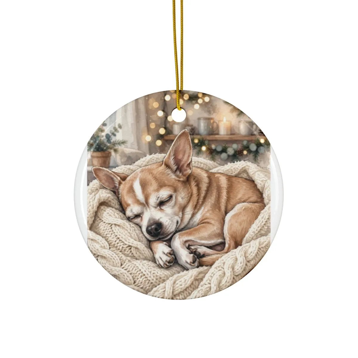 A ceramic ornament printed with Bruno asleep beneath warm Christmas lights