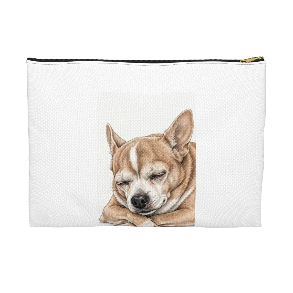 A zip pouch printed with Bruno lying with his chin on his paws