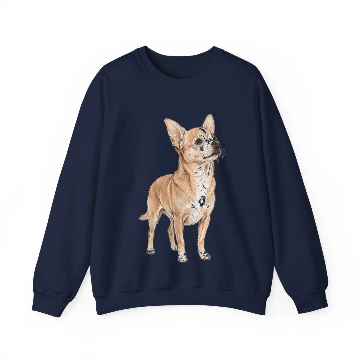 The sweatshirt in Navy, with the SalchiLuna design printed on it