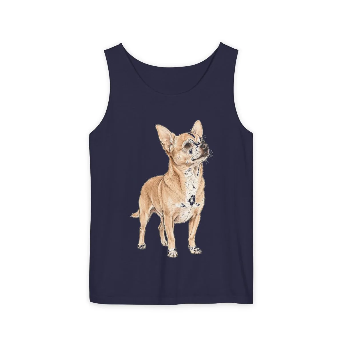 The garment-dyed tank top in True Navy, with the SalchiLuna design printed on it