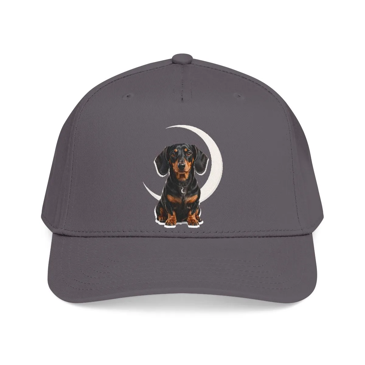 The guardian moon mark on the front panel of a baseball cap